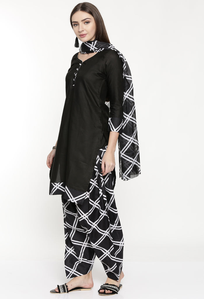 Black Polyester Cotton Printed Salwar Suit with Dupatta