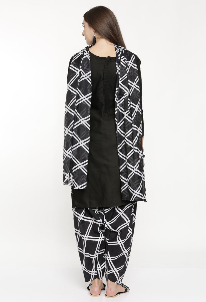 Black Polyester Cotton Printed Salwar Suit with Dupatta