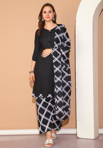 Black Polyester Cotton Printed Salwar Suit with Dupatta