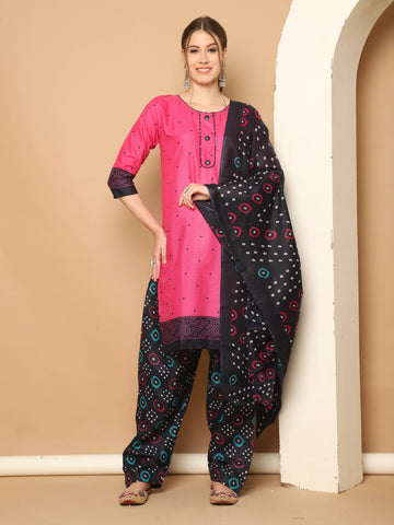 Dark Pink Cotton Printed Readymade Patiala Salwar Suit