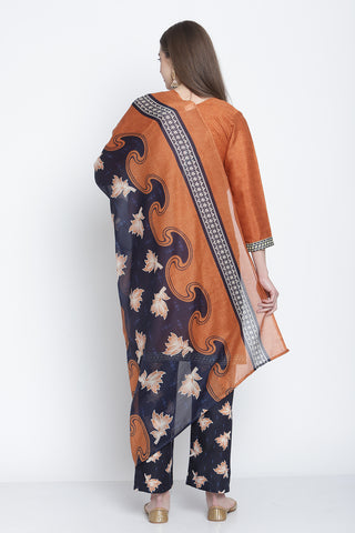 Brown Cotton Blend Printed Ready to Wear Kurta Pant With Dupatta