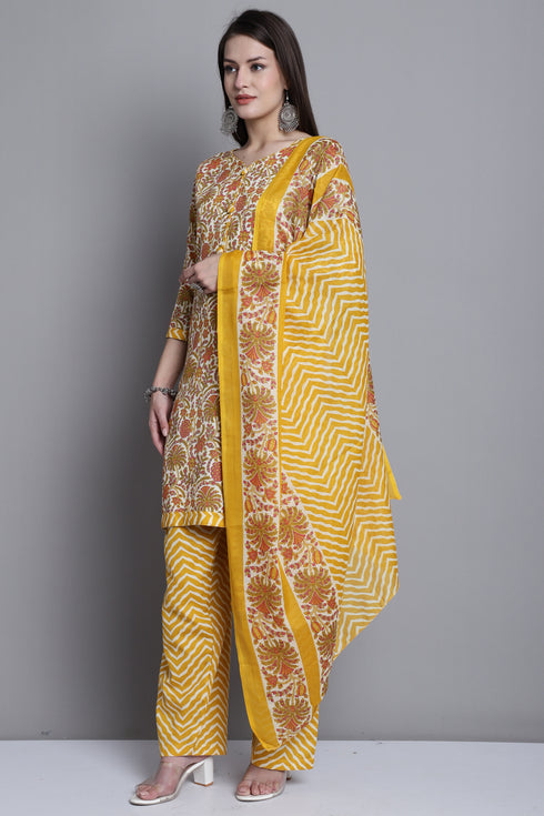 Yellow & Orange Cotton Blend Printed Ready to Wear Patiala Salwar Suit