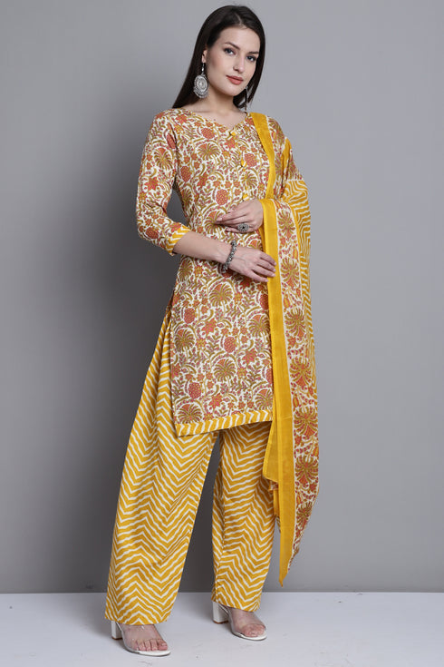 Yellow & Orange Cotton Blend Printed Ready to Wear Patiala Salwar Suit