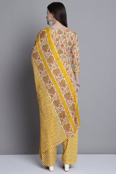 Yellow & Orange Cotton Blend Printed Ready to Wear Patiala Salwar Suit