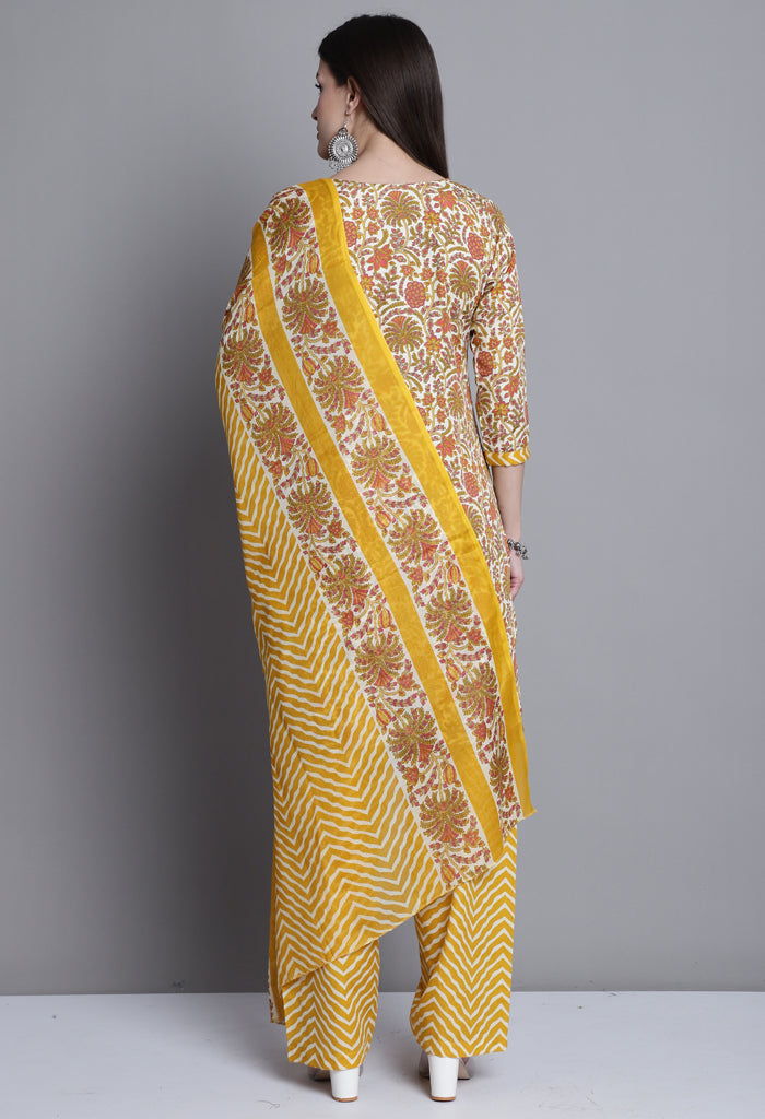 Yellow & Orange Polyester Cotton Printed Salwar Suit with Dupatta