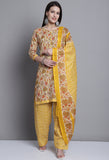 Yellow & Orange Polyester Cotton Printed Salwar Suit with Dupatta