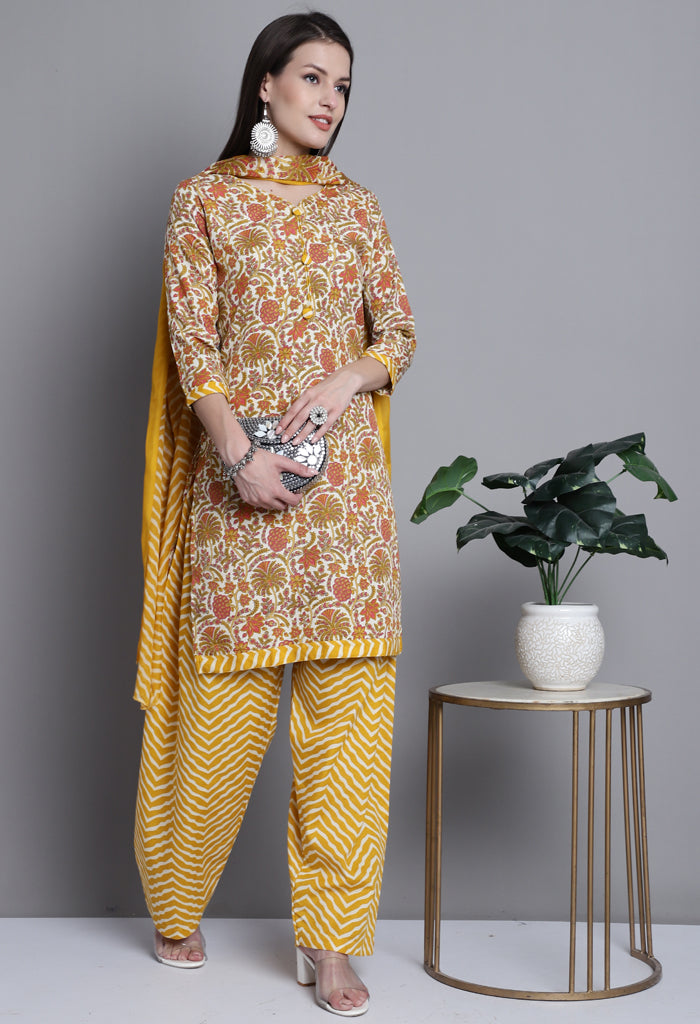 Yellow & Orange Polyester Cotton Printed Salwar Suit with Dupatta