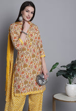 Load image into Gallery viewer, Yellow &amp; Orange Polyester Cotton Printed Salwar Suit with Dupatta
