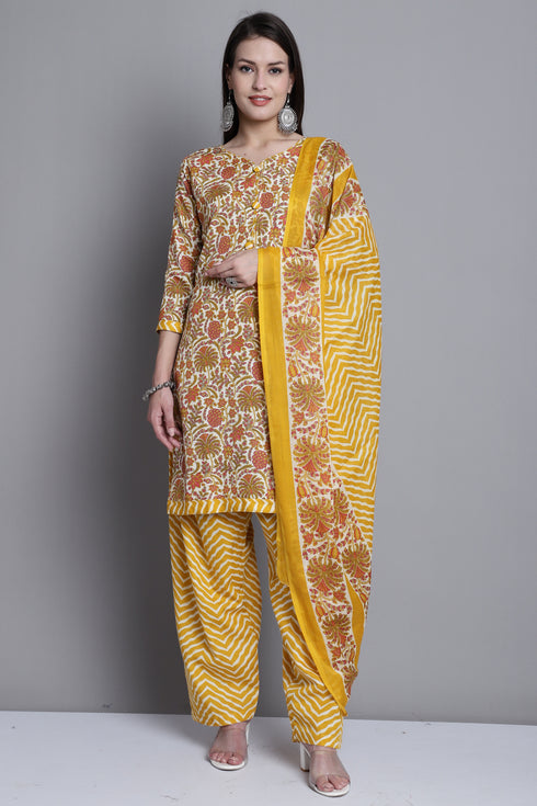 Yellow & Orange Cotton Blend Printed Ready to Wear Patiala Salwar Suit