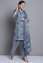 Load image into Gallery viewer, Grey &amp; Green Polyester Cotton Printed Salwar Suit with Dupatta
