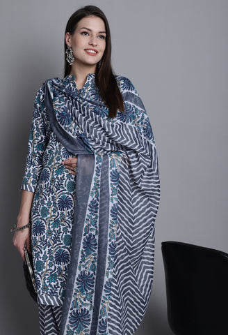 Grey & Green Polyester Cotton Printed Salwar Suit with Dupatta
