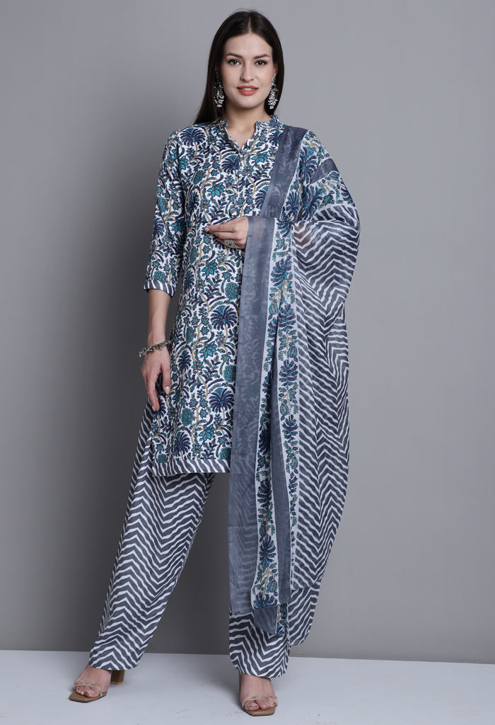 Grey & Green Polyester Cotton Printed Salwar Suit with Dupatta