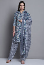 Load image into Gallery viewer, Grey &amp; Green Polyester Cotton Printed Salwar Suit with Dupatta
