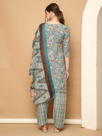 Sea Green Cotton Blend Printed Readymade Patiala Salwar Suit