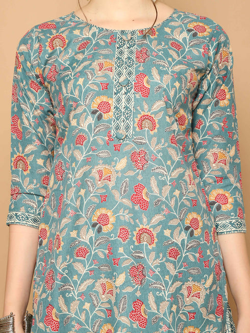 Sea Green Cotton Blend Printed Readymade Patiala Salwar Suit