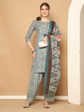 Sea Green Cotton Blend Printed Ready to Wear Patiala Salwar Suit