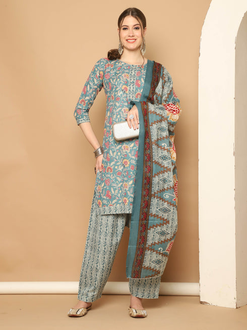 Sea Green Cotton Blend Printed Readymade Patiala Salwar Suit