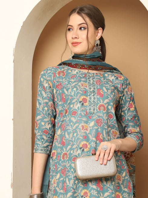 Sea Green Cotton Blend Printed Readymade Patiala Salwar Suit
