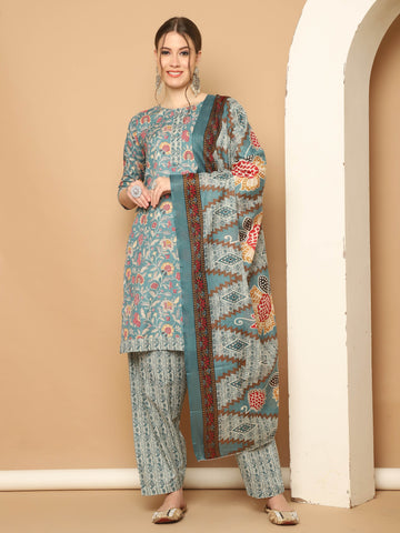 Sea Green Cotton Blend Printed Readymade Patiala Salwar Suit