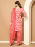 Peach & White Cotton Blend Printed Ready to Wear Patiala Salwar Suit