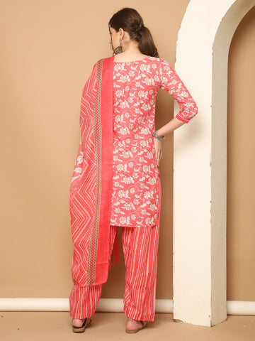 Peach & White Cotton Blend Printed Ready to Wear Patiala Salwar Suit