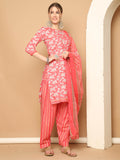 Peach & White Cotton Blend Printed Ready to Wear Patiala Salwar Suit