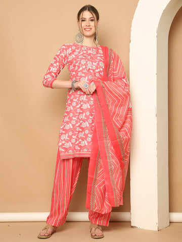 Peach & White Cotton Blend Printed Ready to Wear Patiala Salwar Suit