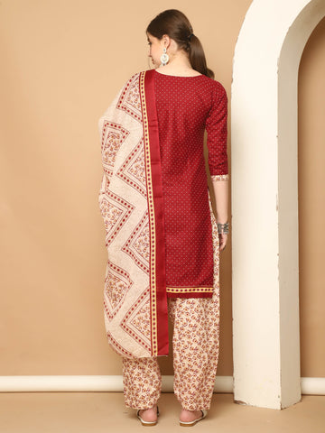 Maroon Cotton Blend Printed Readymade Patiala Salwar Suit