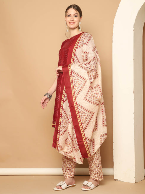 Maroon Cotton Blend Printed Readymade Patiala Salwar Suit
