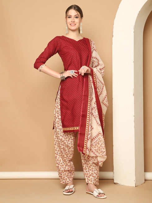 Maroon Cotton Blend Printed Readymade Patiala Salwar Suit