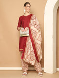 Maroon Cotton Blend Printed Ready to Wear Patiala Salwar Suit