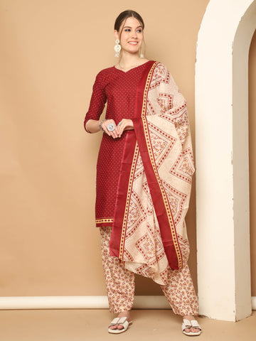 Maroon Cotton Blend Printed Readymade Patiala Salwar Suit