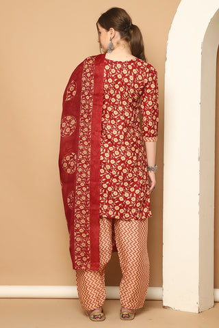 Maroon & Beige Cotton Blend Printed Ready to Wear Patiala Salwar Suit