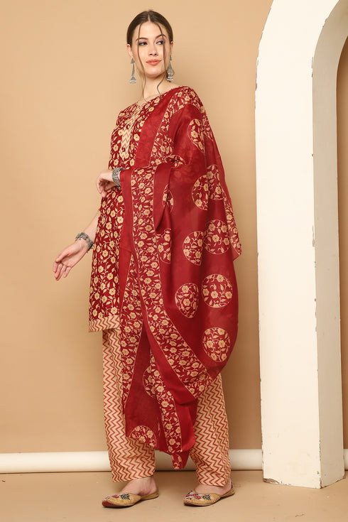 Maroon & Beige Cotton Blend Printed Readymade Patiala Salwar Suit