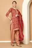 Maroon & Beige Cotton Blend Printed Ready to Wear Patiala Salwar Suit