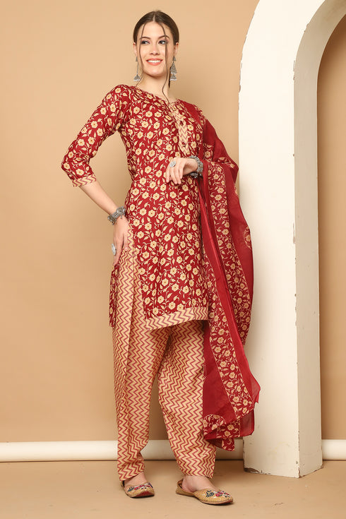 Maroon & Beige Cotton Blend Printed Readymade Patiala Salwar Suit