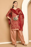 Maroon & Beige Cotton Blend Printed Ready to Wear Patiala Salwar Suit