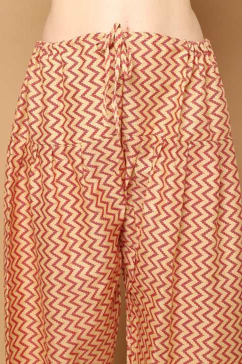 Maroon & Beige Cotton Blend Printed Readymade Patiala Salwar Suit