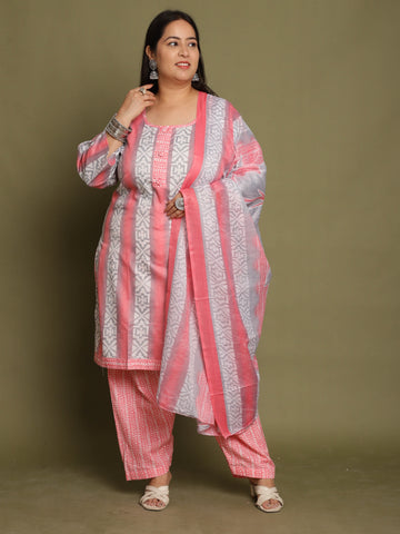 Peach & White Cotton Blend Printed Plus Size Ready to Wear Patiala Salwar Suit