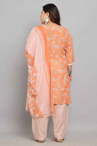 Light Orange & White Cotton Blend Printed Ready to Wear Patiala Salwar Suit