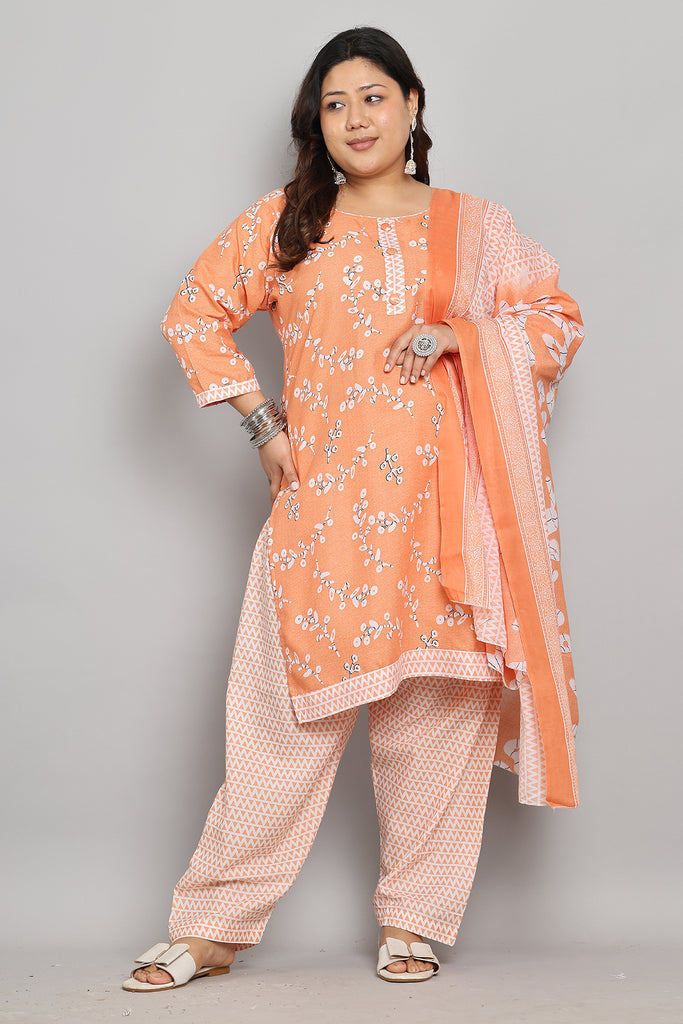 Light Orange & White Cotton Blend Printed Ready to Wear Patiala Salwar Suit