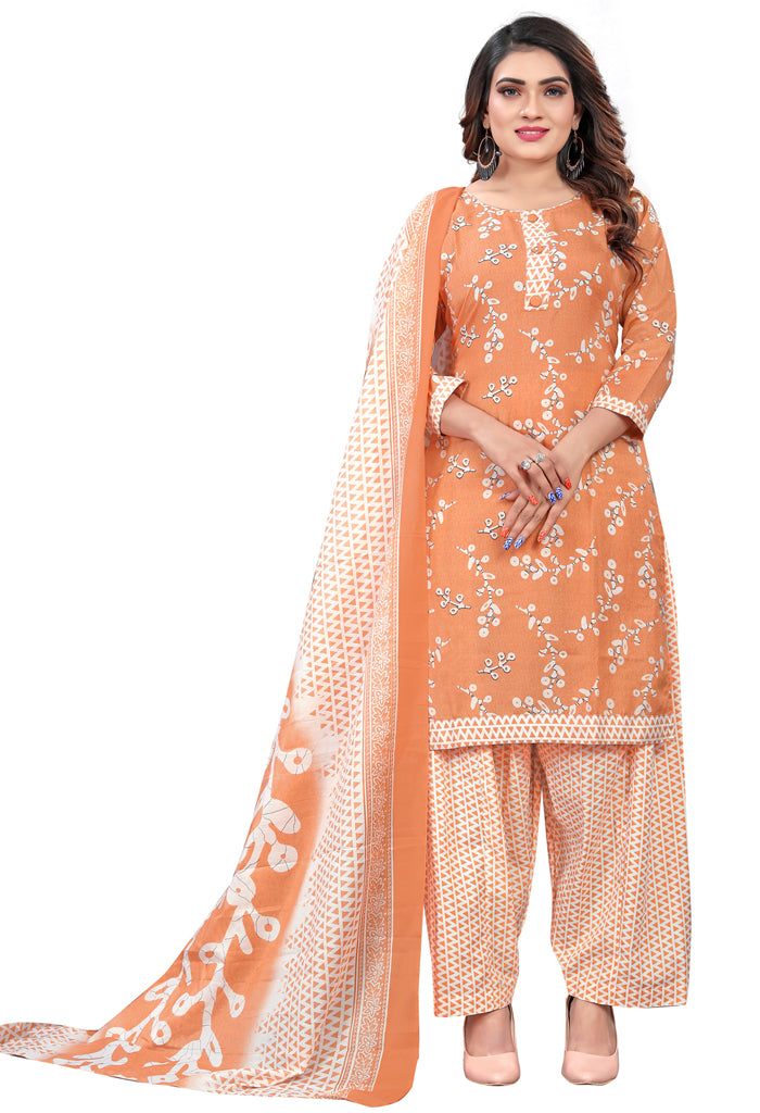 Light Orange & White Cotton Blend Printed Readymade Patiala Salwar Suit