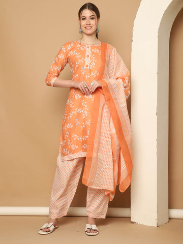 Light Orange & White Cotton Blend Printed Readymade Patiala Salwar Suit