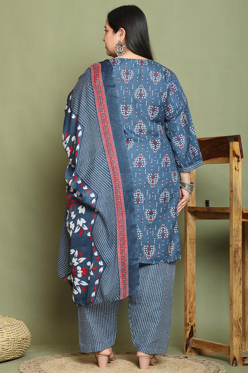 Grey & White Cotton Blend Printed Plus Size Ready to Wear Patiala Salwar Suit
