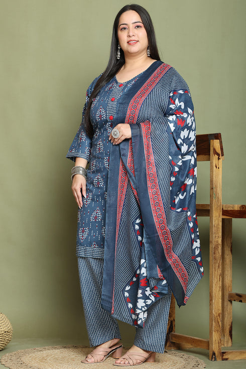 Grey & White Cotton Blend Printed Plus Size Ready to Wear Patiala Salwar Suit