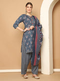 Grey & White Cotton Blend Printed Readymade Patiala Salwar Suit