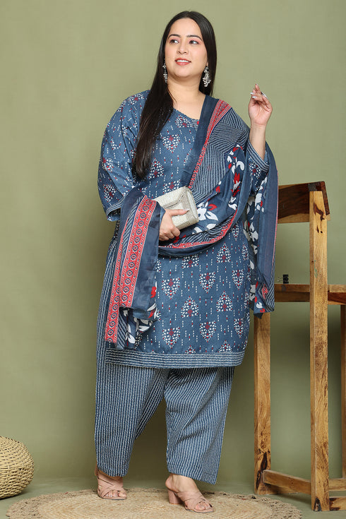 Grey & White Cotton Blend Printed Plus Size Ready to Wear Patiala Salwar Suit