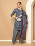 Grey & White Cotton Blend Printed Readymade Patiala Salwar Suit