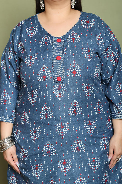Grey & White Cotton Blend Printed Plus Size Ready to Wear Patiala Salwar Suit