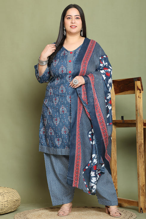 Grey & White Cotton Blend Printed Plus Size Ready to Wear Patiala Salwar Suit